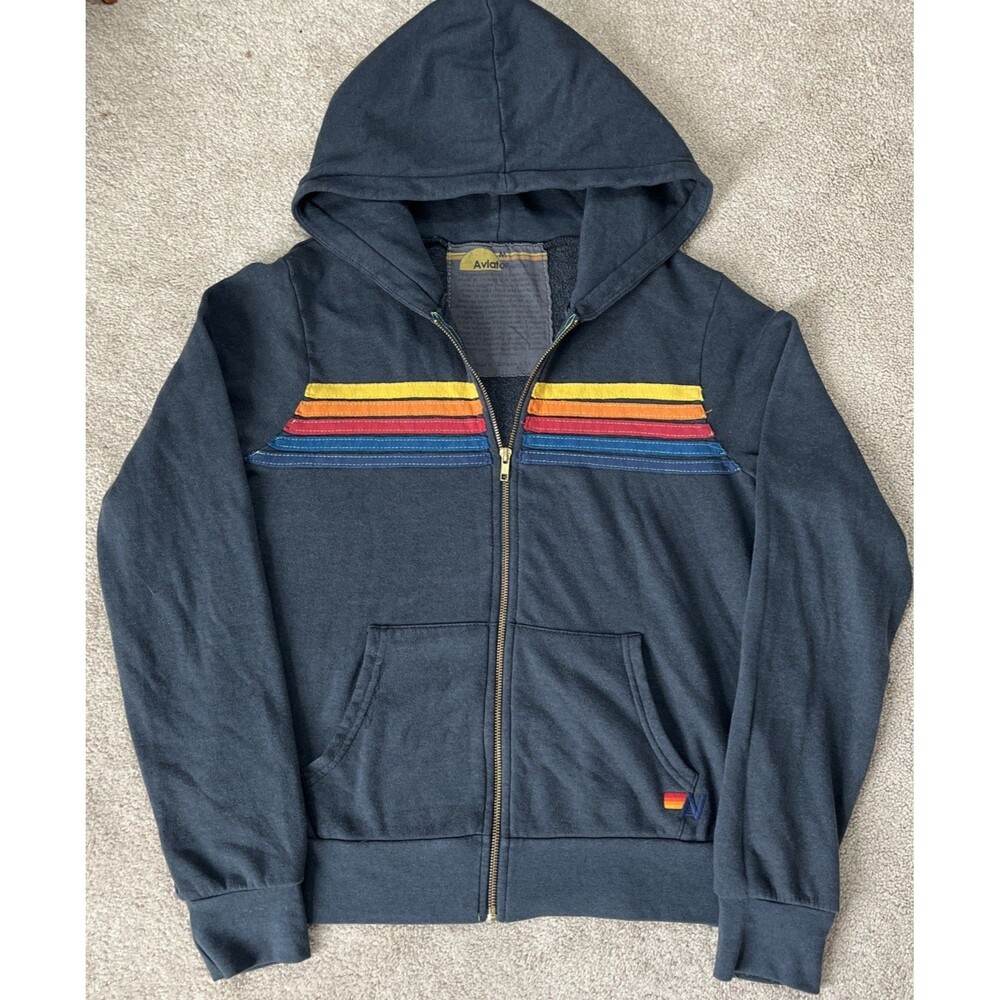Aviator Nation 5 Stripe Rainbow Zip Up Hoodie Medium Heather Gray Blue Made USA